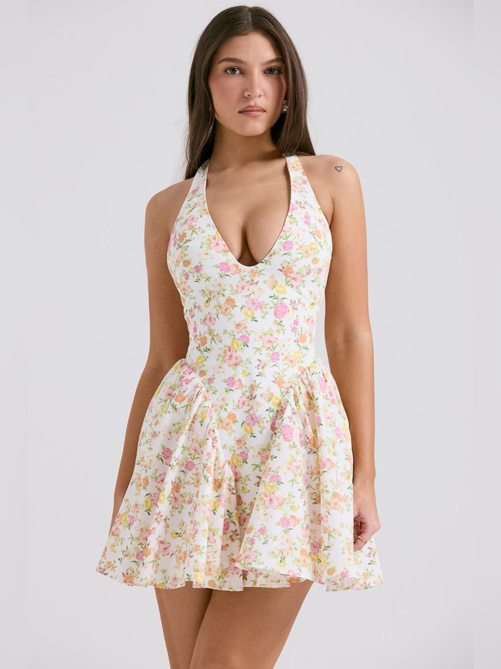House of CB Valentía Ivory Meadow Print Floral Cotton Halter Mini Dress